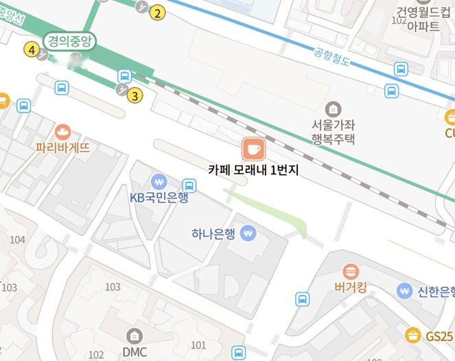 가좌역, 가좌삼거리 주변 지도. 카페 모래내1번지와 매장 주차장, 주차장 입구 위치 표시